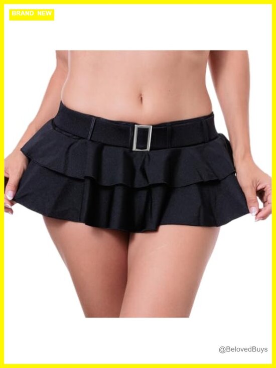 Dresses & Skirts - Low Rise Pleated Mini Skirt with Faux Belt, Ruffled Hem, Polyester